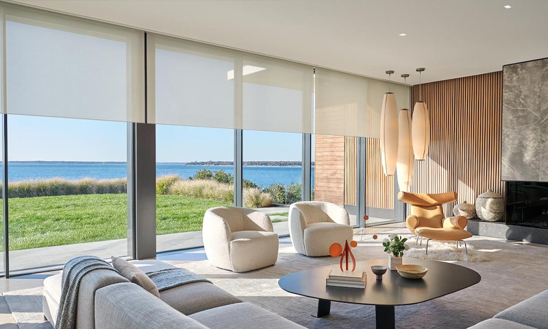 Tranquil sitting area with Lutron woven Roman shades, an Eames lounge chair, and a view of the trees outside.