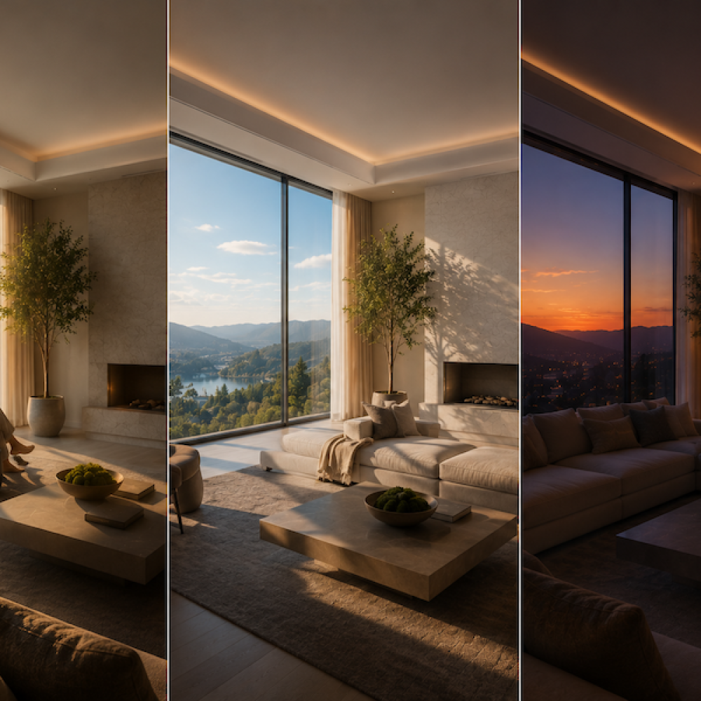 <span class="uk-h4">Three photo panels side by side. To the left is a woman sitting in a sunlit living room, in the middle is the same room in the morning, and on the right is the room at sunset.</span>